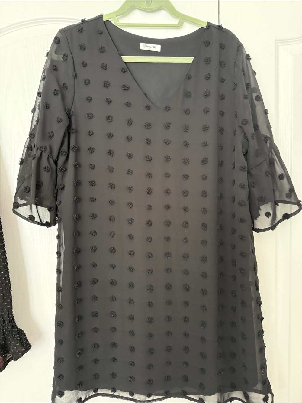 Chiffon Swiss Dot V-Neck Midi Dress in Black